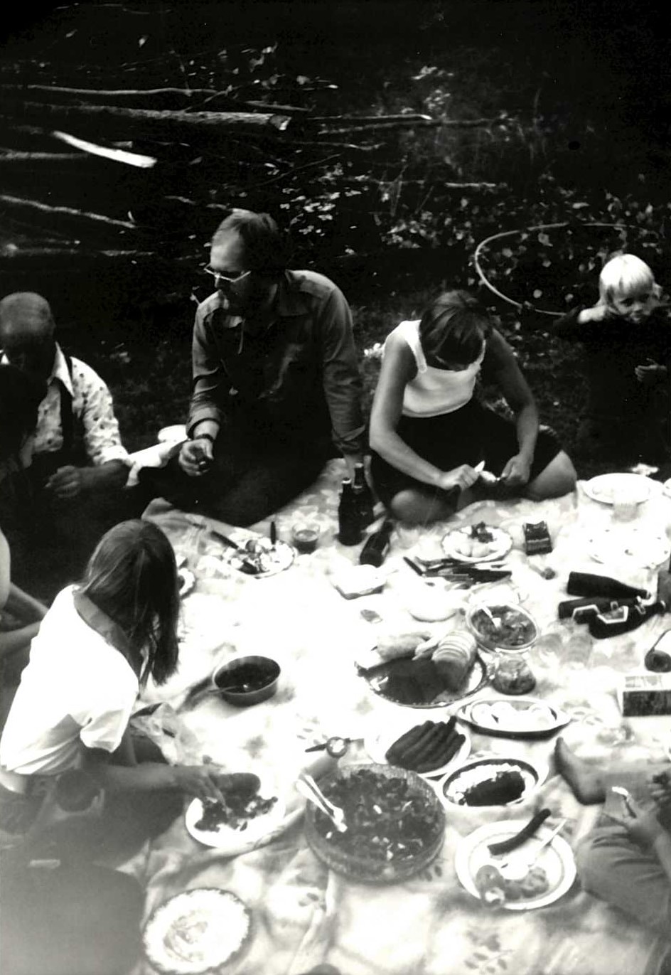 Hanna Backlund beskriver: "Picknick, vilket vi ofta hade på sommaren. Eftersom vi ofta var så många, var det helt enkelt enklast att äta utomhus." Fotografi från 70-talet, fotograf okänd. Del av projektet "Minns ditt 70-tal.