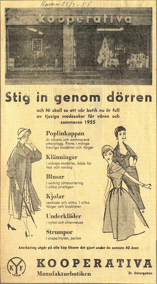 Annons för manufakturbutiken på Stora Östergatan, Aurora 1955.