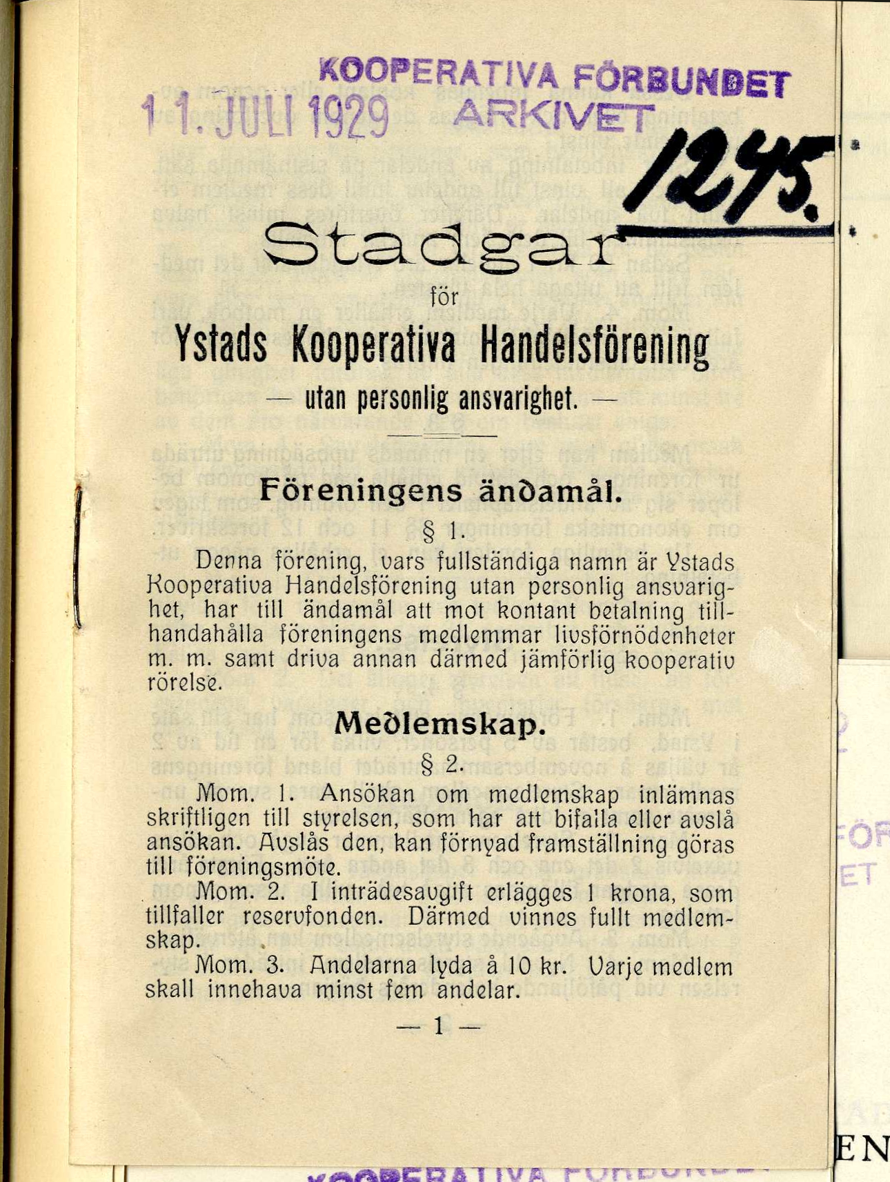 Ystadkooperationens första stadgar från 1911