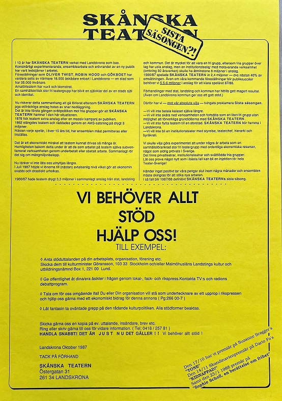 Upprop 1987. Ur: skånska Teaterns arkiv.
