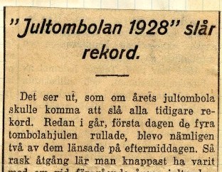 "Jultombolan 1928" slår rekord. Tidningsklipp från 1928