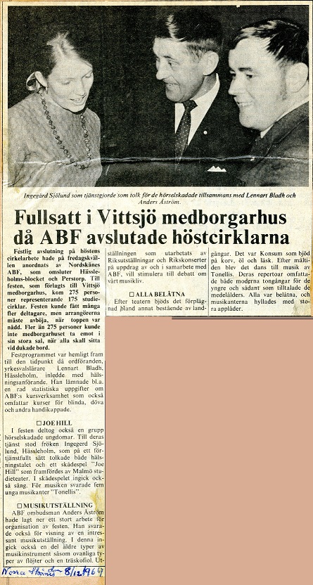 Artikel om ABF Nordskånes höstavslutning i december 1969. Ur Norra Skånes Tidning 12 december 1969.