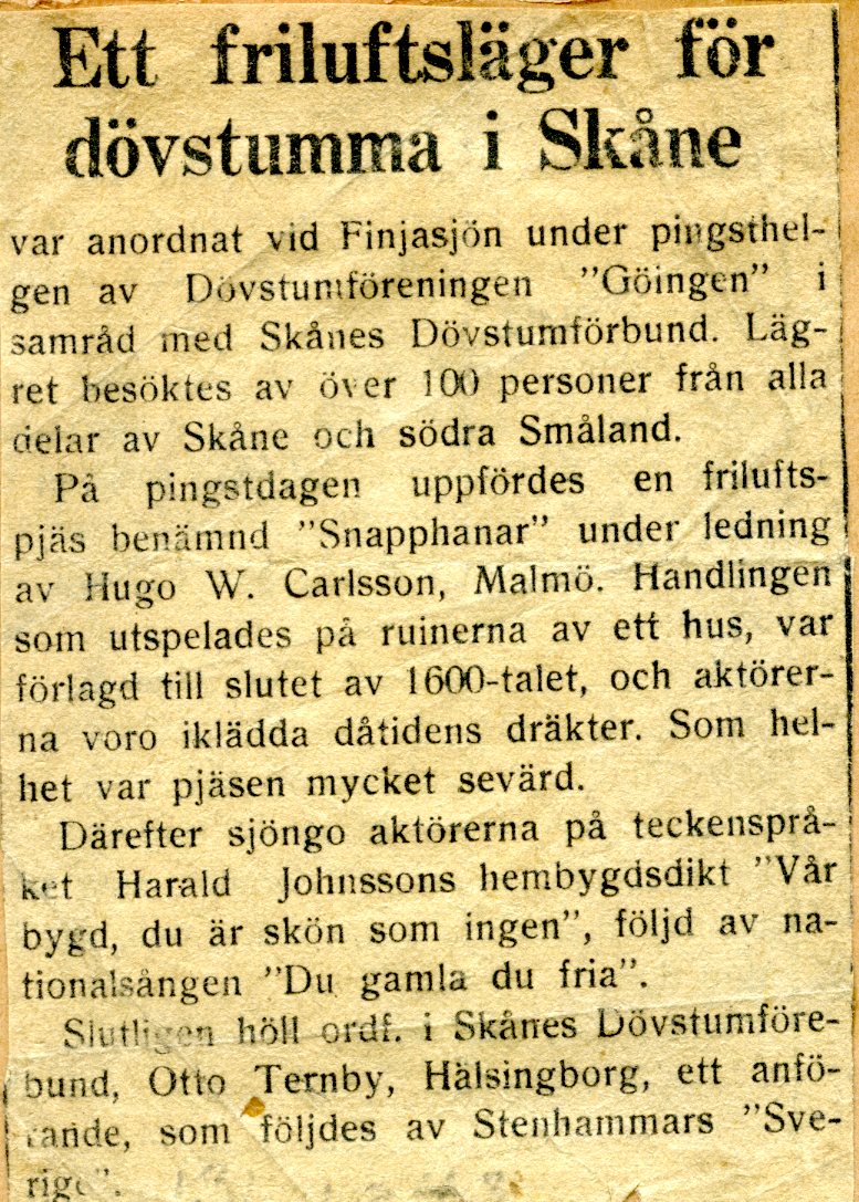 Artikel om läger vid Finjasjön. Dagblad och datum okända.