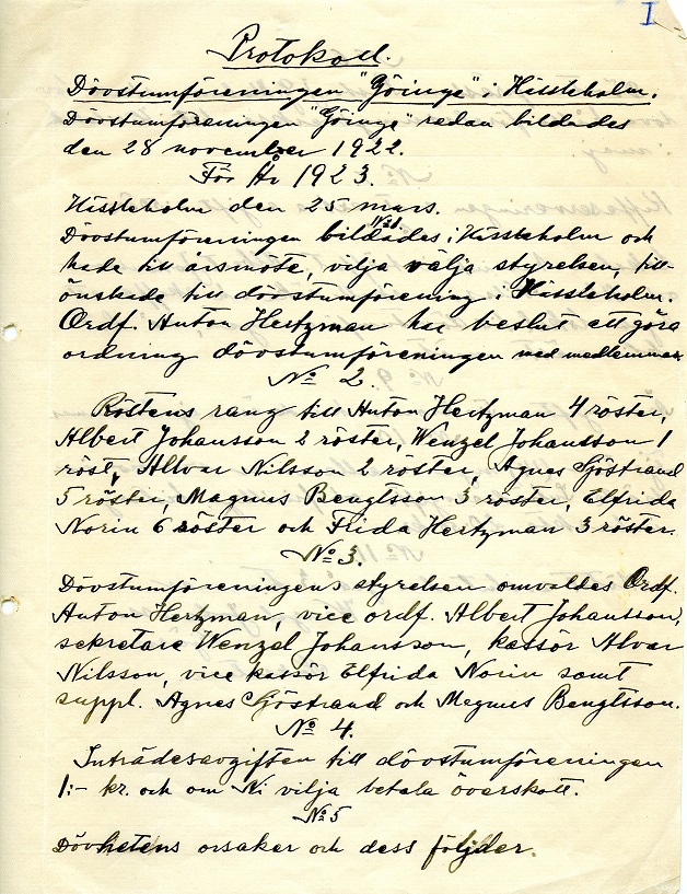 Protokoll från föreningens första möte 25 mars 1923, sida 1.