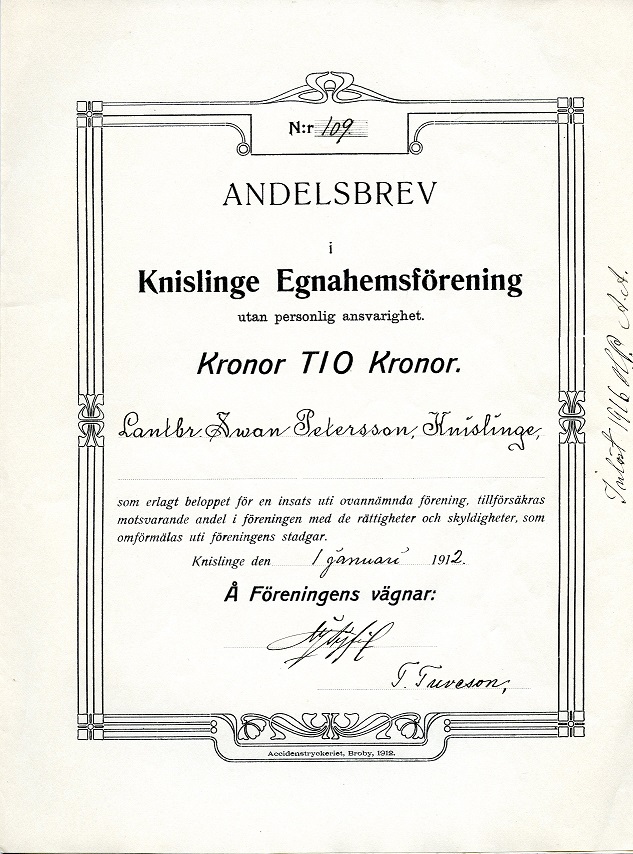 Andelsbrev à 10 kr, 1912.