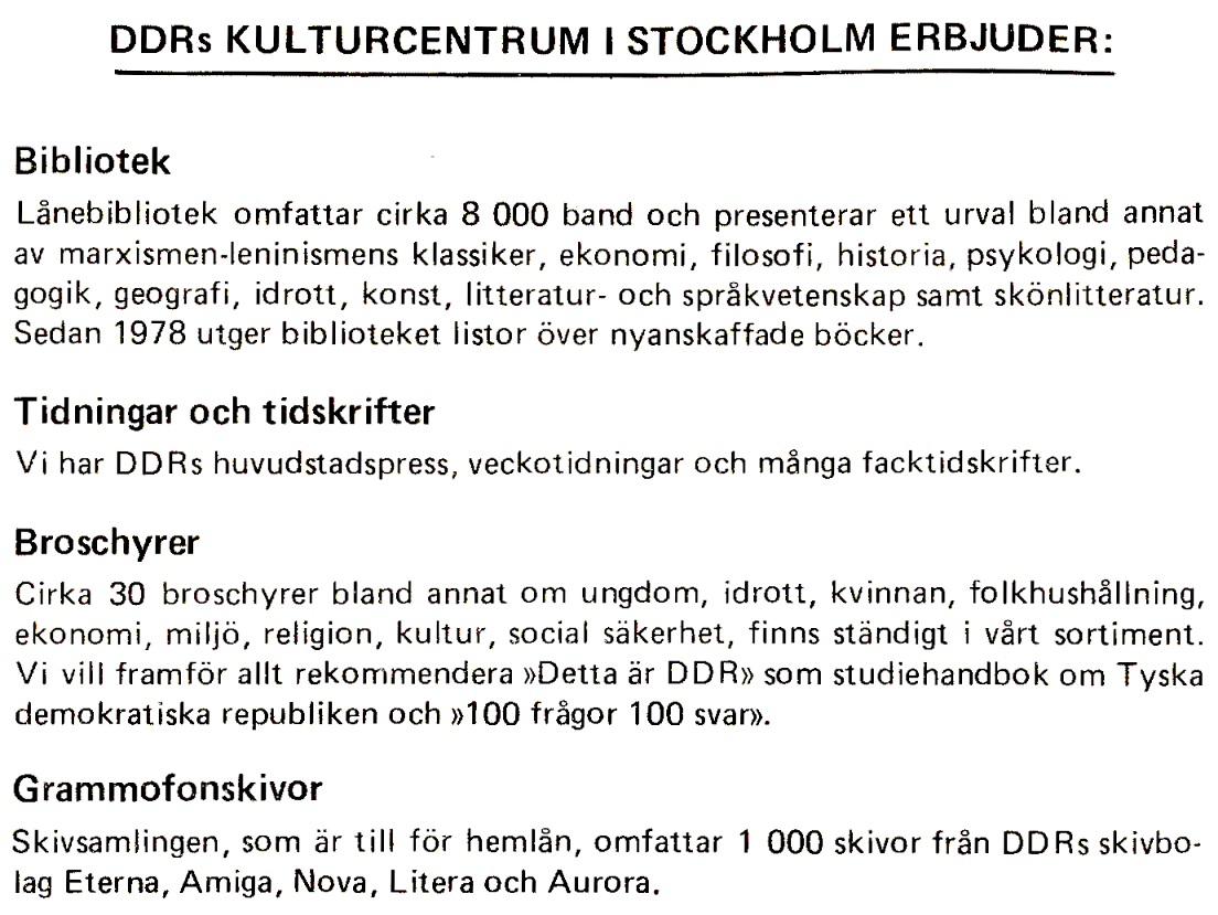 Information om DDR-Kulturcentrums utbud, 1978–79. Ur: Arkivet från Arbetarpartiet Kommunisterna, Skånes Kommunistiska Partidistrikt.