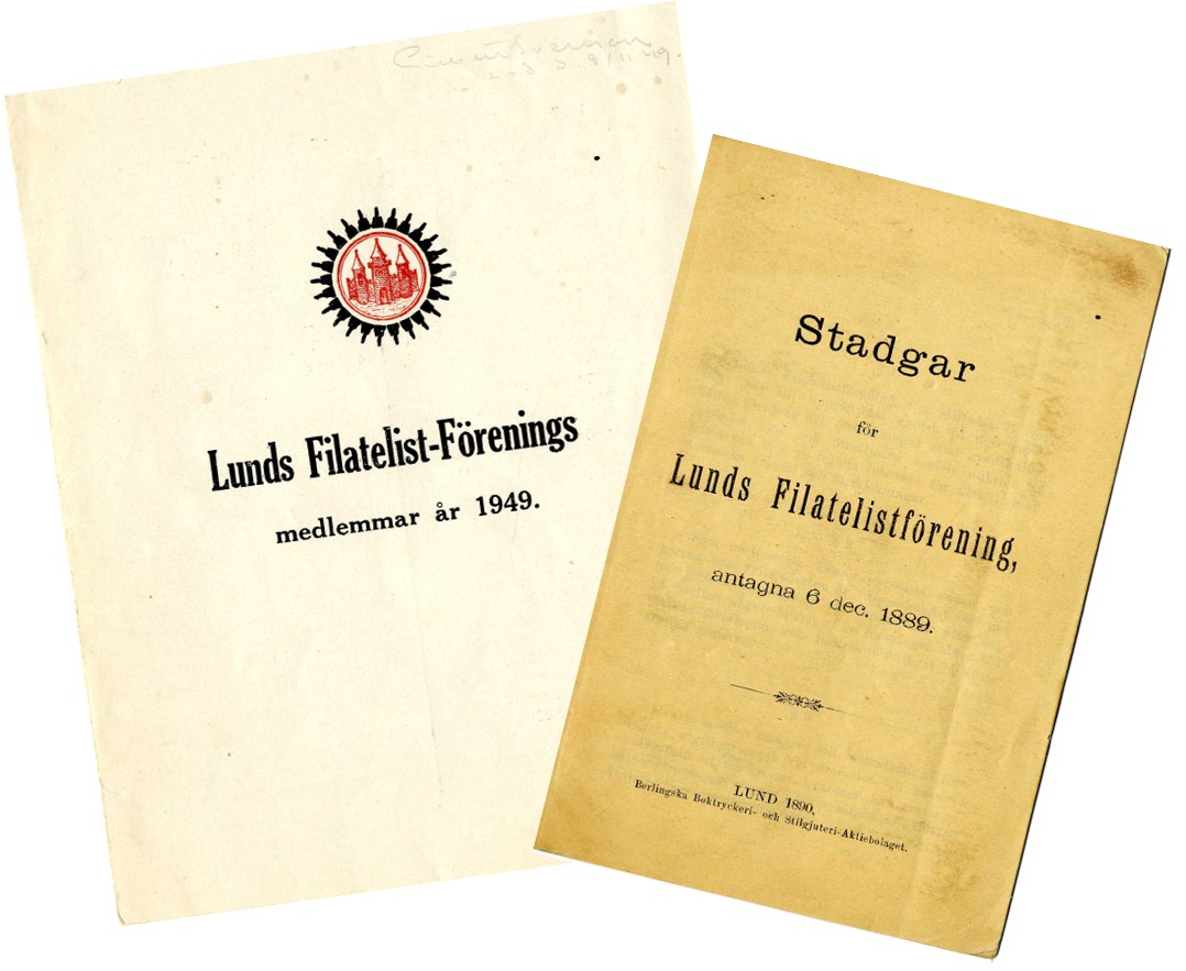 Handlingar från Lunds Filatelistförenings arkiv, Medlemsmatrikel 1949 och Stadgar antagna 1889.